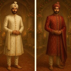 Man wearing a silk Angrakha kurta with side tie and embroidered mojris, inspired by Mughal-era fashion