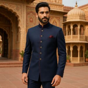 Man wearing a tailored Bandhgala Jodhpuri suit with high collar and pocket square, exuding royal elegance