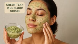 Green tea leaves and rice flour mixed for a natural exfoliating face scrub