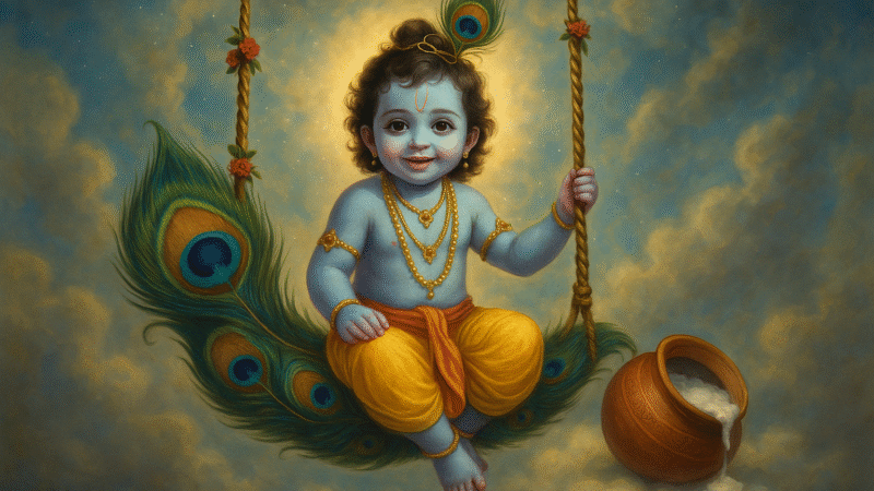 Devotees celebrating Krishna Janmashtami with Lord Krishna’s idol and traditional decorations