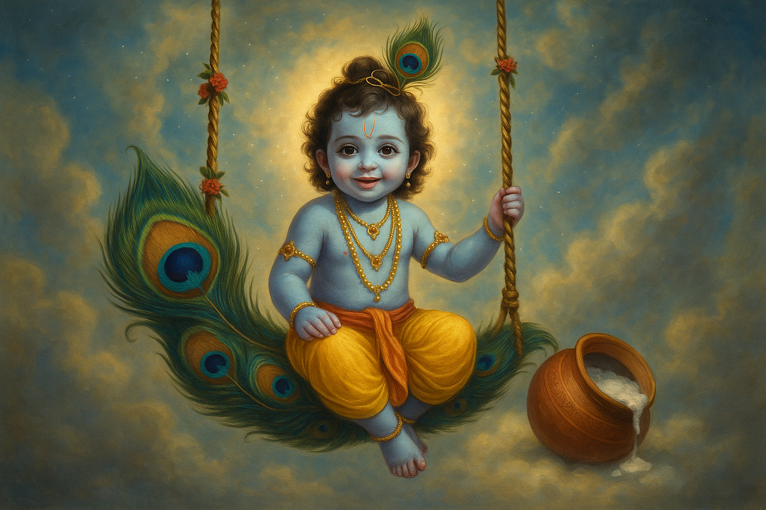 Devotees celebrating Krishna Janmashtami with Lord Krishna’s idol and traditional decorations