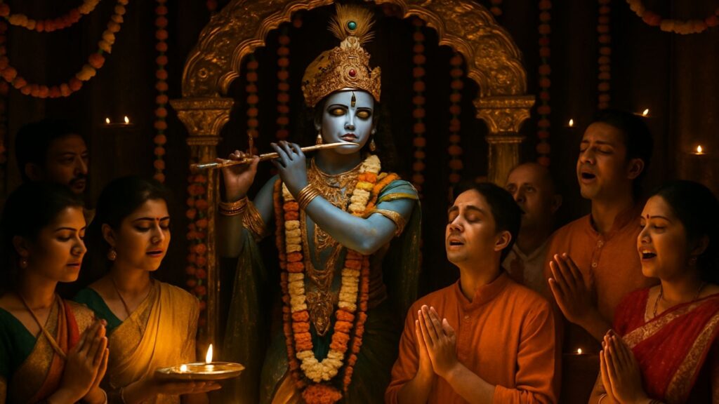 Devotees offering prayers and singing bhajans during midnight Krishna Janmashtami puja 2025