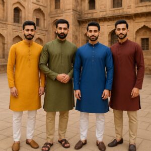 Man in trending colors kurta pajama and mojaris standing in a festive setting
