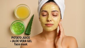 Natural DIY face mask ingredients: potato juice and aloe vera gel in small bowls