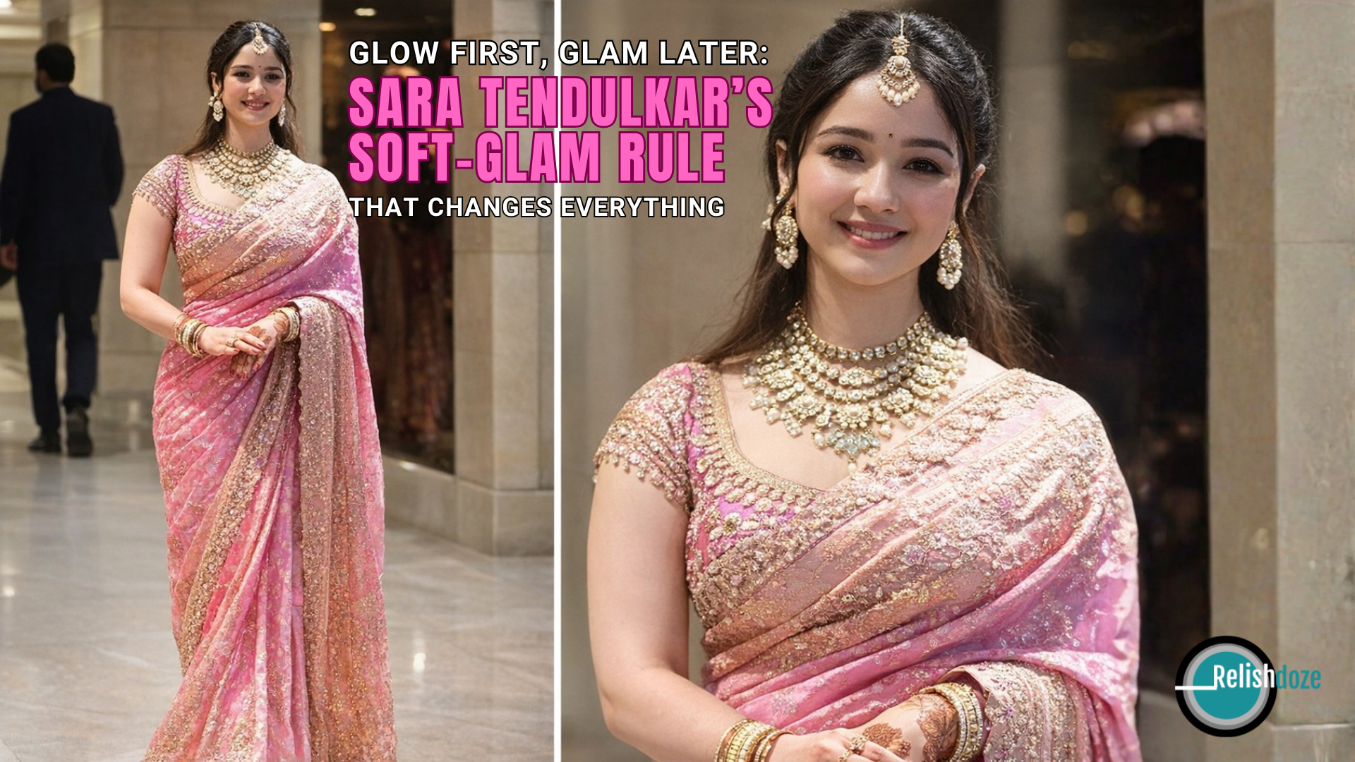 Sara Tendulkar wearing soft glam makeup with fresh skin, soft blush, and glossy lips.