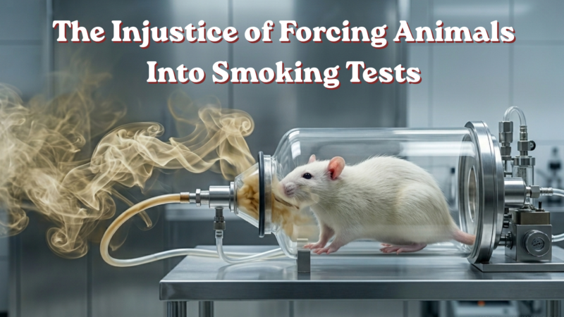 Animal subjected to smoking research in a lab, highlighting the cruelty of tobacco testing on animals