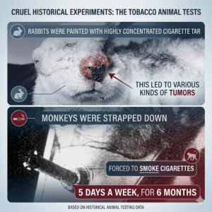 Infographic showing cruel historical tobacco animal tests on rabbits and monkeys used in smoking experiments