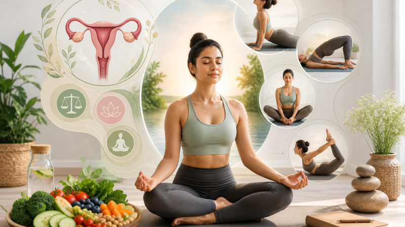 Woman practising butterfly yoga pose (Baddha Konasana) for PCOS and hormonal balance